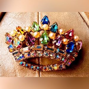 B. David Vintage Rhinestone Crown Brooch Gold Tone Aurora Pink Green Orange Purp